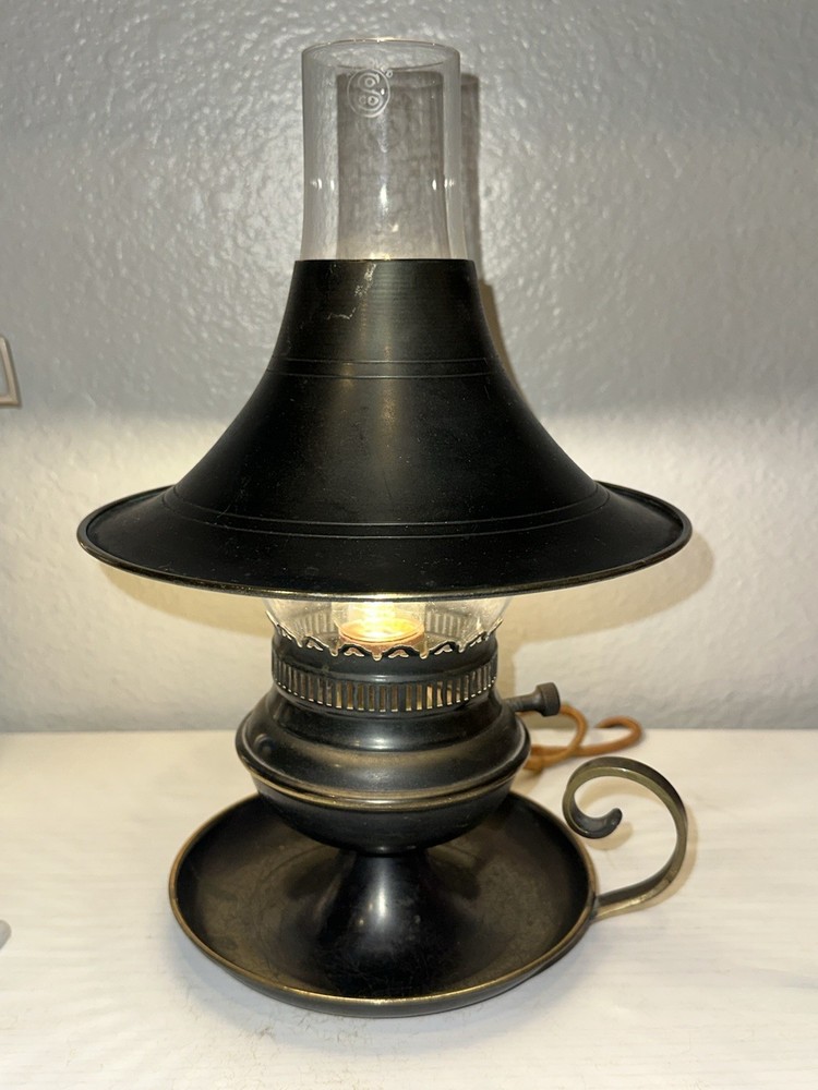 Vintage Toleware Metal Desk Black Electric Lamp Hurricane Cone Shade