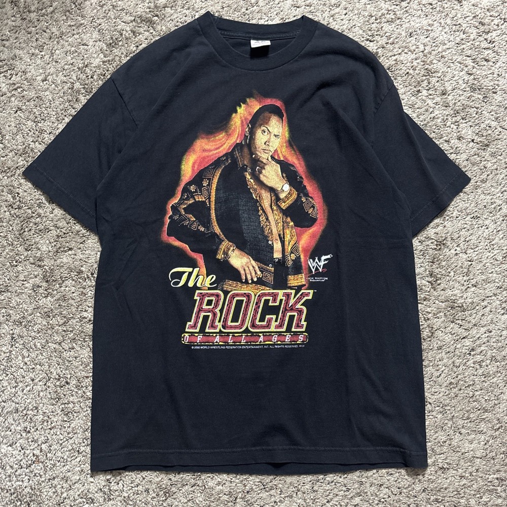 Vintage WWF Wrestling Shirt Mens L Black The Rock Dewayne Johnson 2000 Y2K New