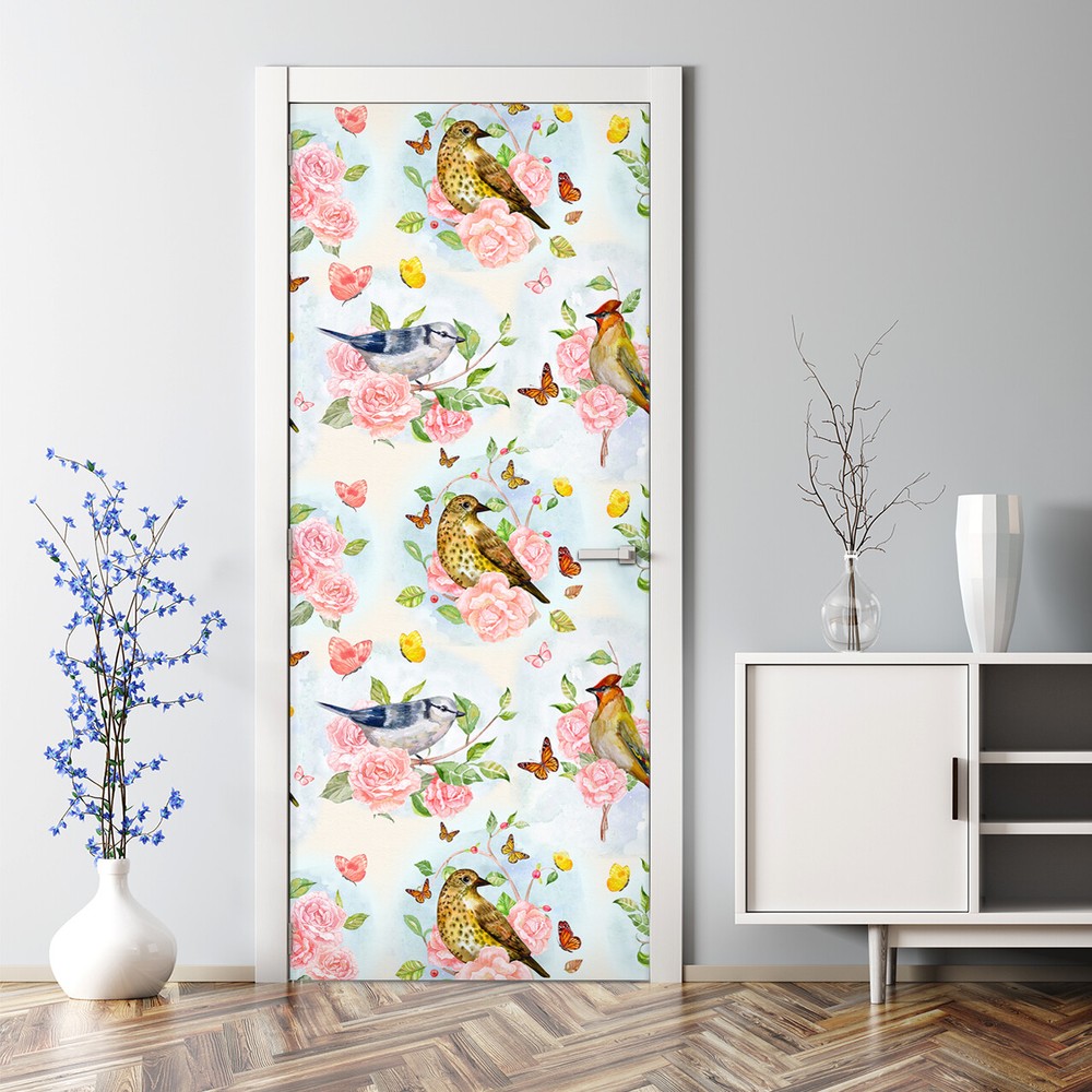 Bubble-Free Nursery Door Sticker with Birds Flowers Roses for Kids Room  