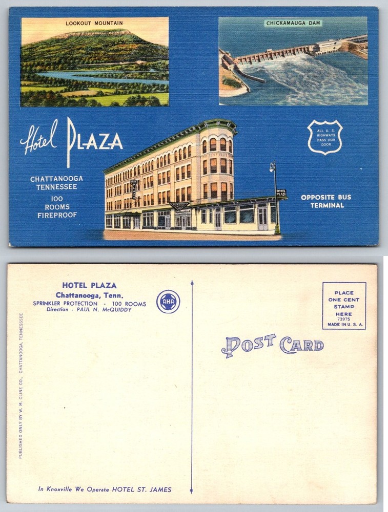 Hotel Plaza Chattanooga TN Linen Postcard Lookout Mtn Chickamauga Dam c1940s
