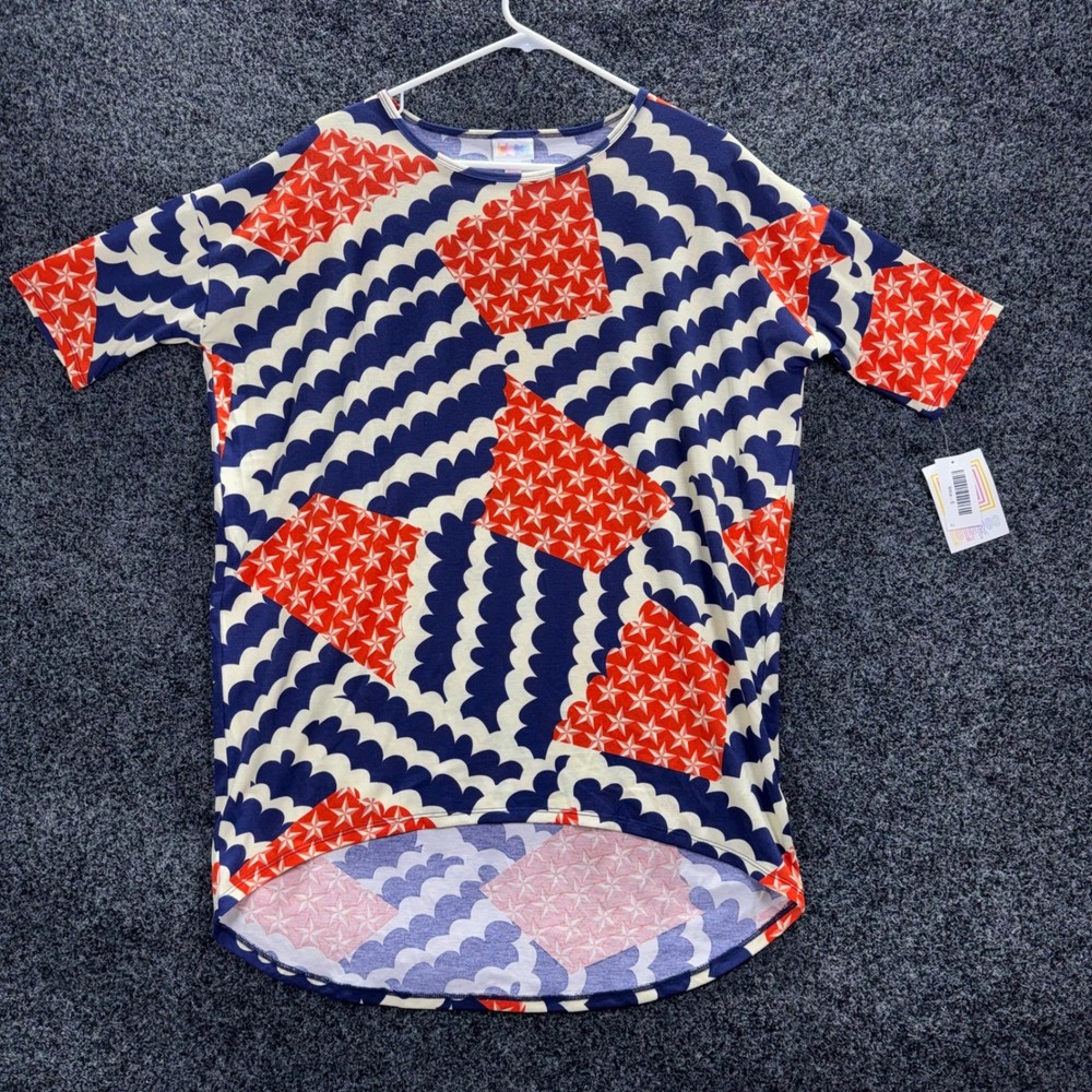 LuLaRoe Irma Tunic Top Sm NWT Red White Blue Stars Scallop Patriotic Geometric
