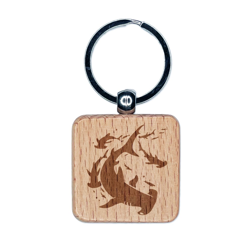 School of Hammerhead Sharks Engraved Wood Square Keychain Tag Charm
