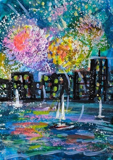 ACEO Original Painting FIREWORKS Summer CITY Buildings Ocean Boats Lights ART