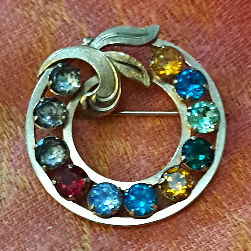 Round Silver Tone Metal Brooch Pin Multicolor Crystal Rhinestones Bezel Set