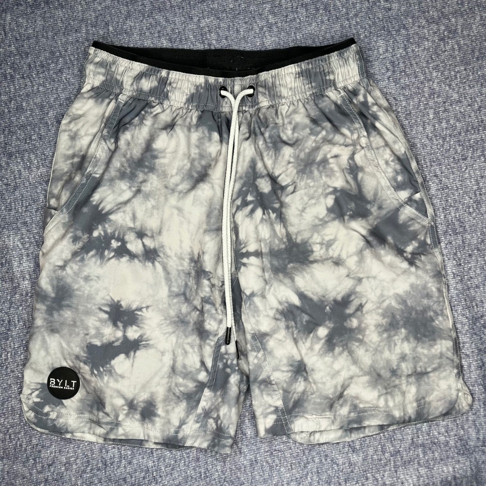 BYLT Tie Dye Athletic Shorts Mens M Black Gray Liner Elastic Waist Drawstring