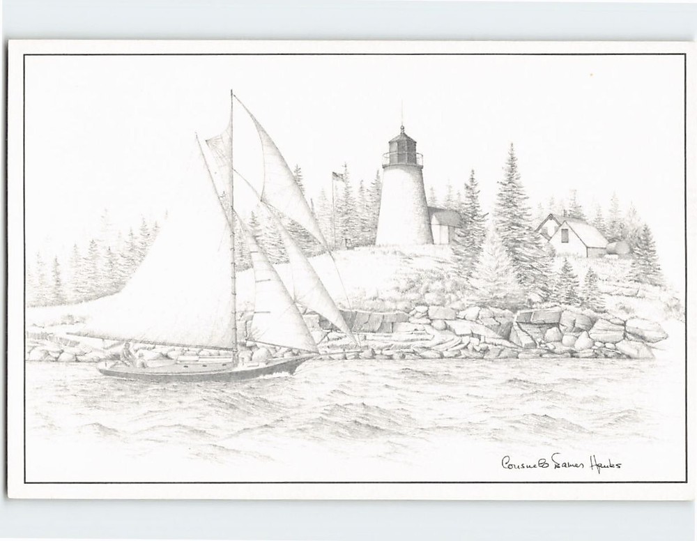 Postcard Lighthouse & Sail Boat Drawing by Consuelo Eames Hanks