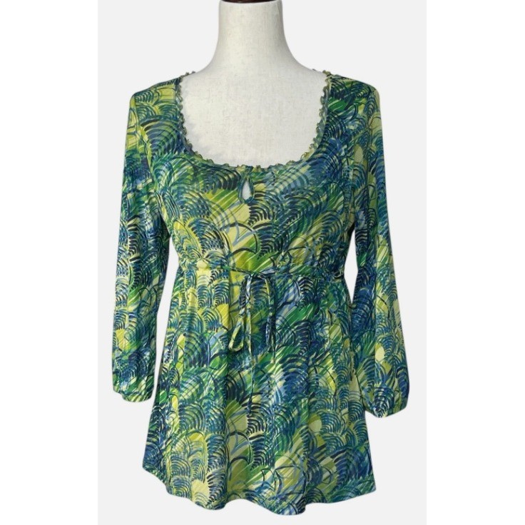 Axcess Liz Claiborne Mesh Tunic Top Green Blue Tropical Palm Leaf Print Large