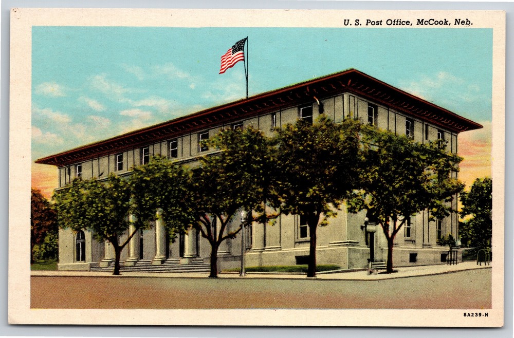 McCook Nebraska~Old US Post Office~3 Story Stone w/Columns~Vintage Postcard