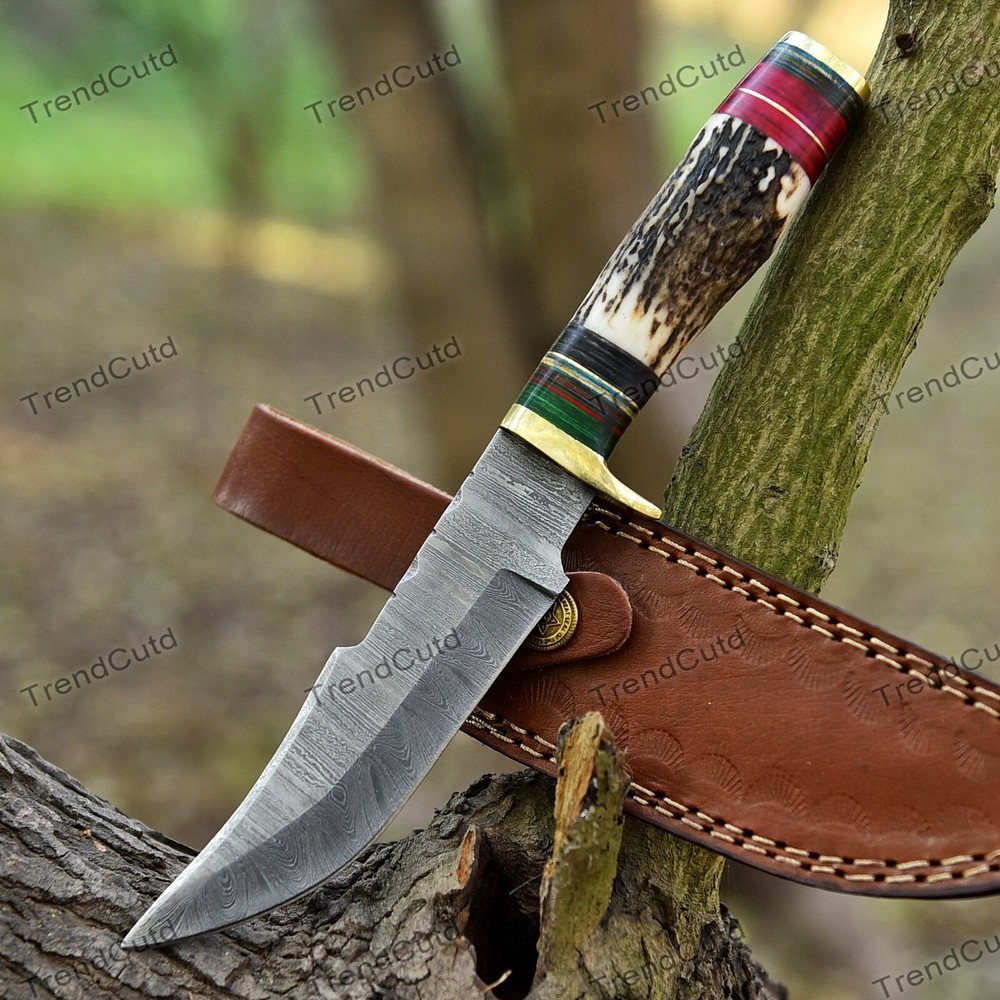 Custom Damascus Steel Skinner Knife with Handmade Antler Handle