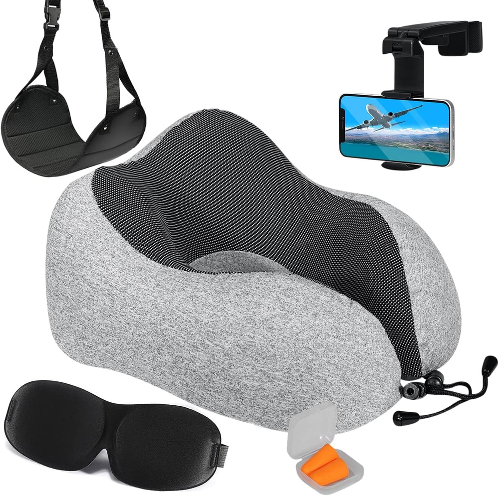 Airplane Neck Pillow Includes Travel Pillow + Airplane Phone Holder Mount + Eye