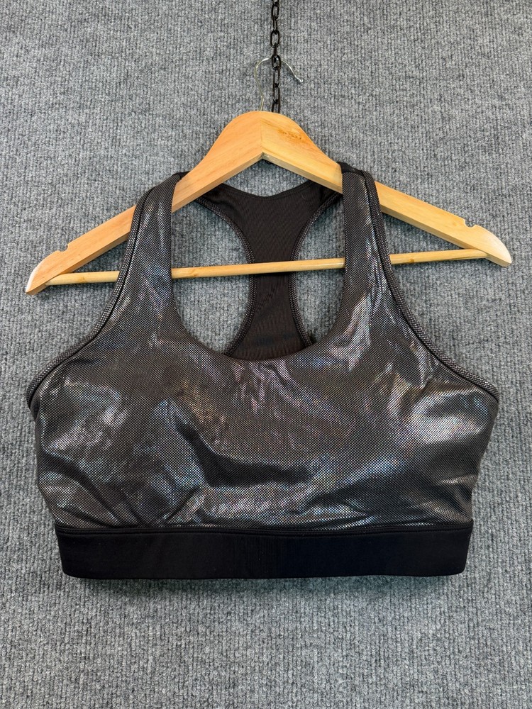 Zyia Active Disco Luxe Bra Size L Silver Black Holographic Sports Bra Racerback