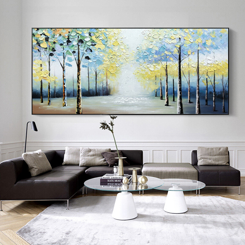 Oil Painted Paintings Handmade Wall Art Tree Birch Picture Forest Landscape