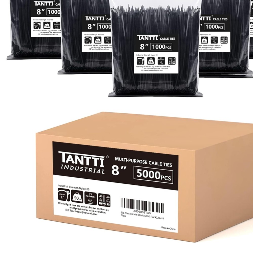 Durable UV Resistant Black 8-Inch Zip Ties 50lb Strength 5000 Count Pack for Multipurpose Use