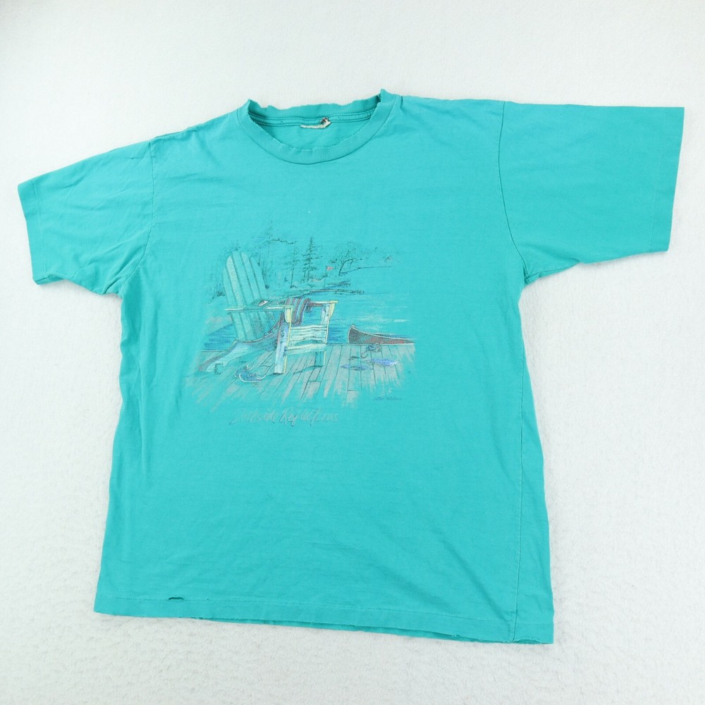 Vintage Dockside Lake Graphic T-Shirt Men's Size XL Aqua Blue Single Stitch