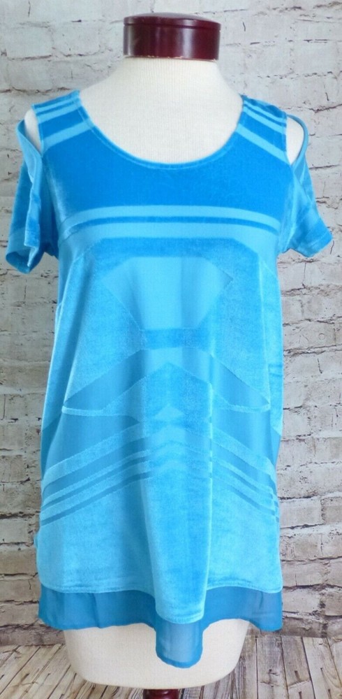 Nasty Gal Shirt Size XS Women's Ladies Pee a Boo Velour Shoulder Blue Stretch