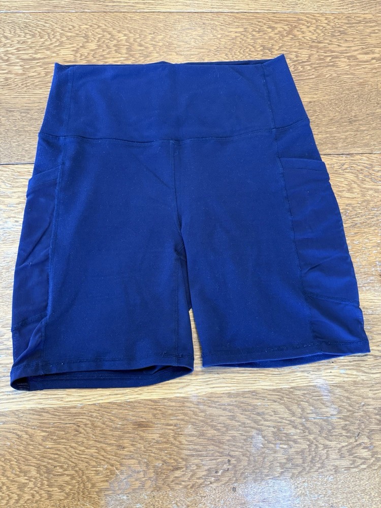 Fabletics High Waisted Powerhold 6” Biker Shorts With Mesh Pockets Small Blue