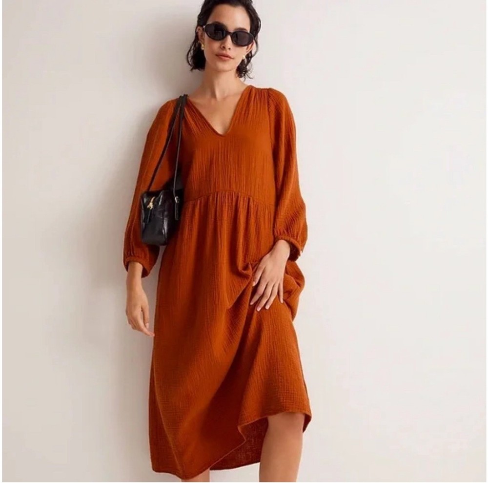Madewell Dress Womens Brown burnt sienna orange Lightspun V Neck Midi boho