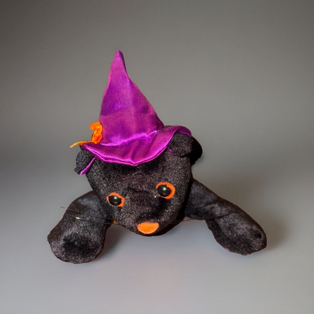 Fiesta 7” Laying Black Cat Halloween Plush Purple Witch Hat Stuffed Toy Animal
