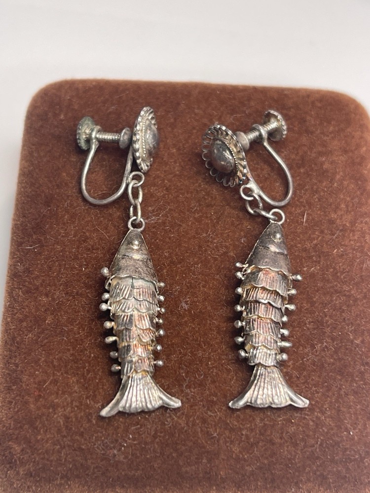 Antique Silver Fish Earrings Screwback Dangle Drop Vintage Jewelry