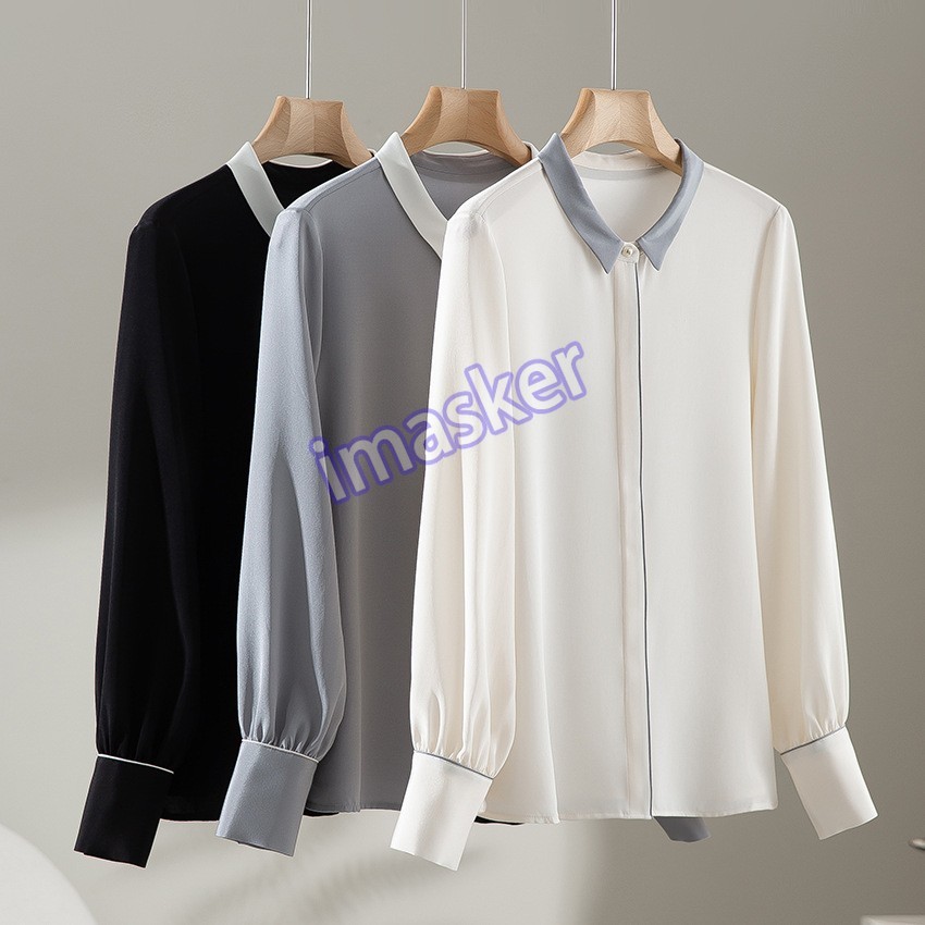 Womens Silk Shirt Long Sleeved Single Breasted Loose Slimming Fit Business Shirt