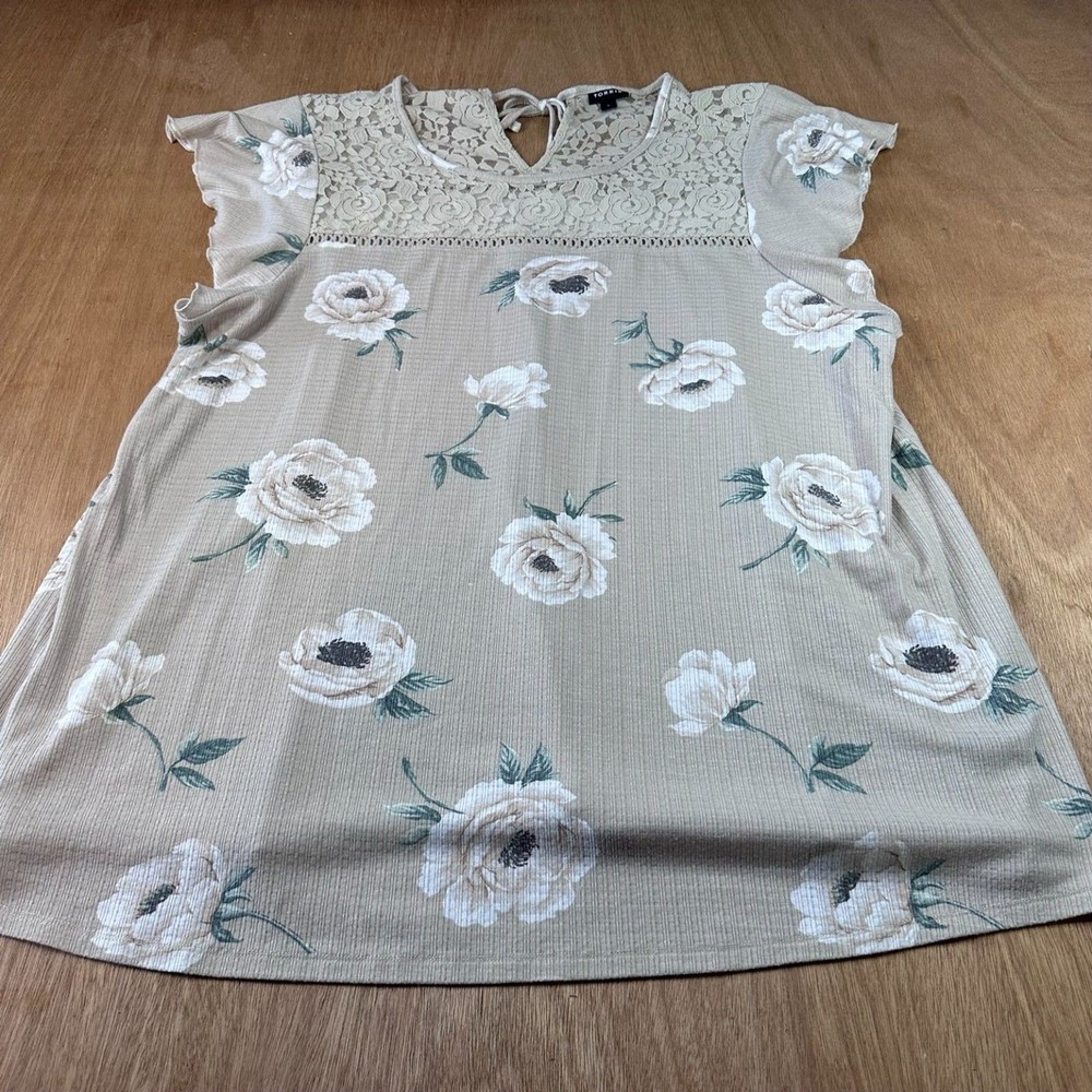 Torrid 4X Floral Lace Yoke Blouse Beige Flutter Sleeve Plus Size 4