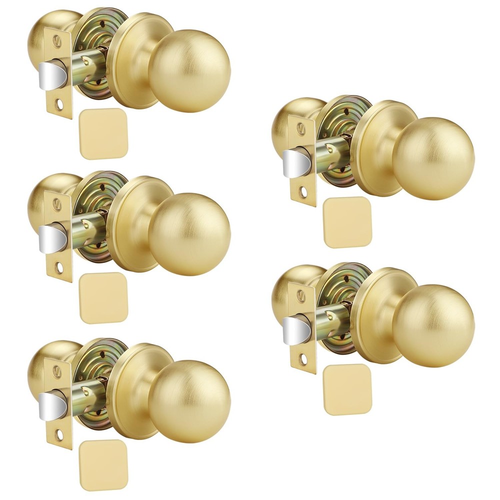 5 Pack Interior Passage Door Knob, Closet Door Knobs No Lock, Satin Brass Doo...