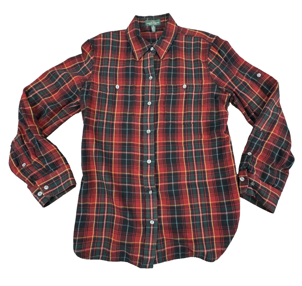 Lauren Ralph Lauren LRL Women M Red Plaid Flannel Shirt Button Up Long Sleeve