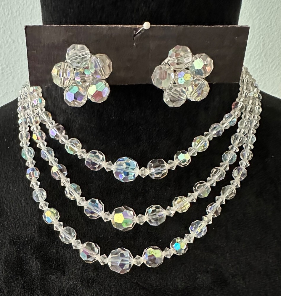 Vintage Estate Aurora Borealis AB Crystal 3 Strand Necklace Clip Earrings Set