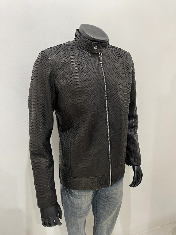Men's Classic Black Snakeskin Texture Jacket Python Print Real Leather Jacket