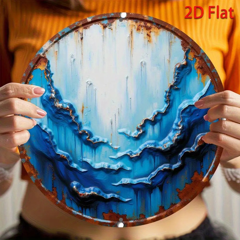 Vintage Turquoise White Abstract Metal Wall Art Round Aluminum Plate