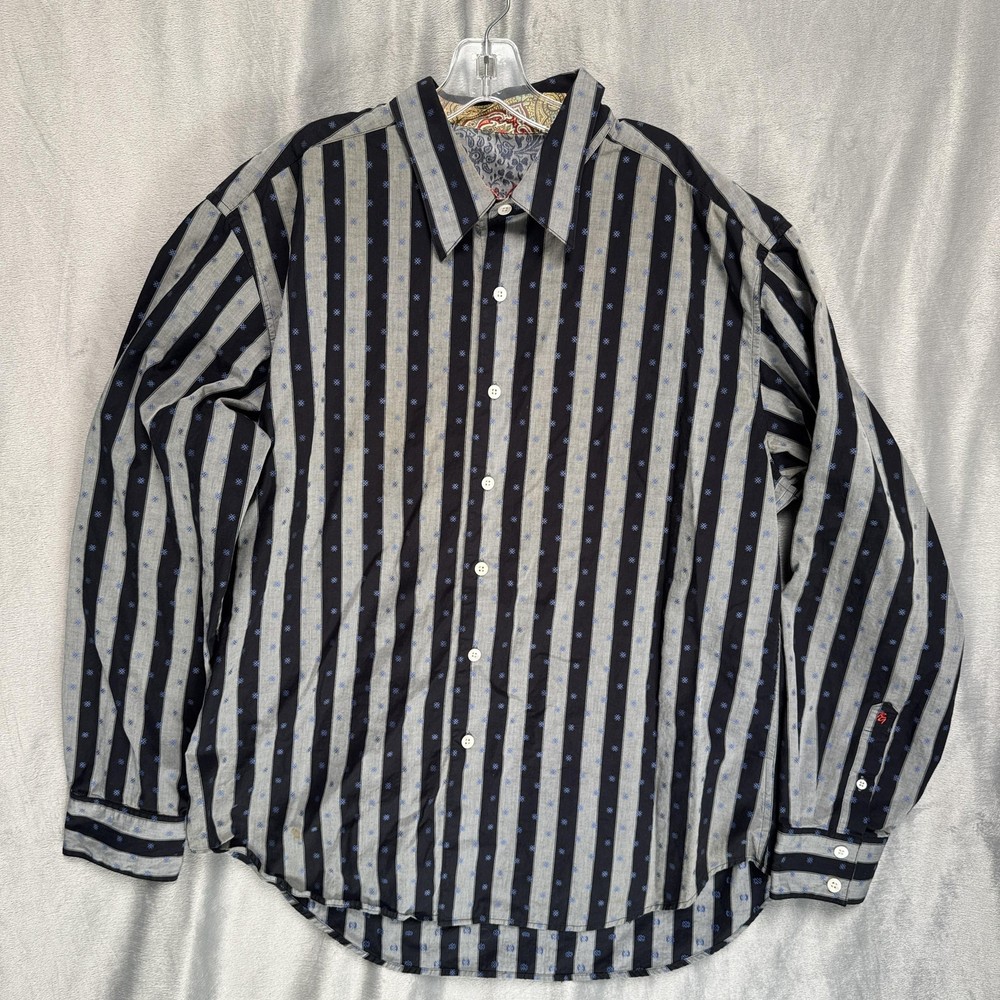 Robert Graham Shirt Mens 2XL Black Gray Stripe Long Sleeve Button Front Cotton