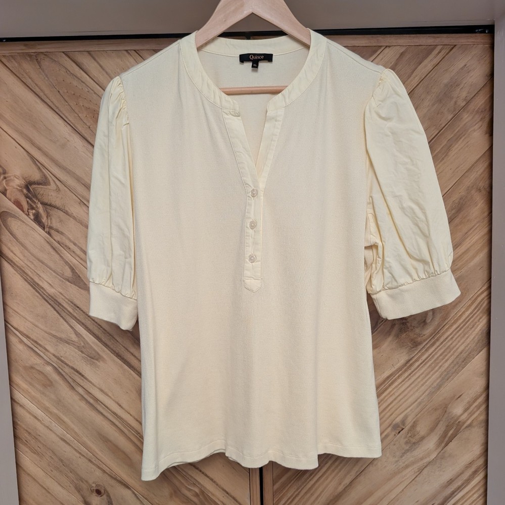 Quince Henley Top Puff Sleeve Ribbed Cotton Womens XL Butter Yellow