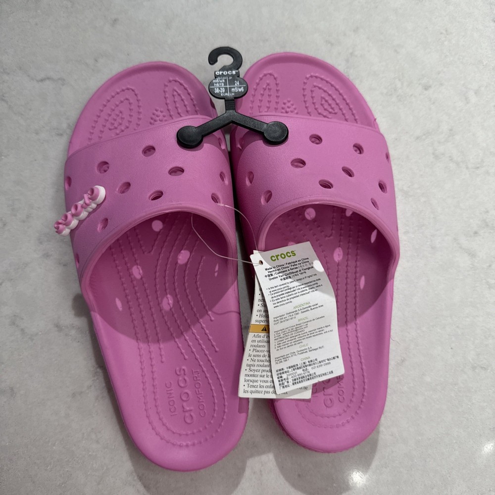 Crocs Slide Women Pink logo Summer Beach Classic Casual Comfy Everyday Size W8