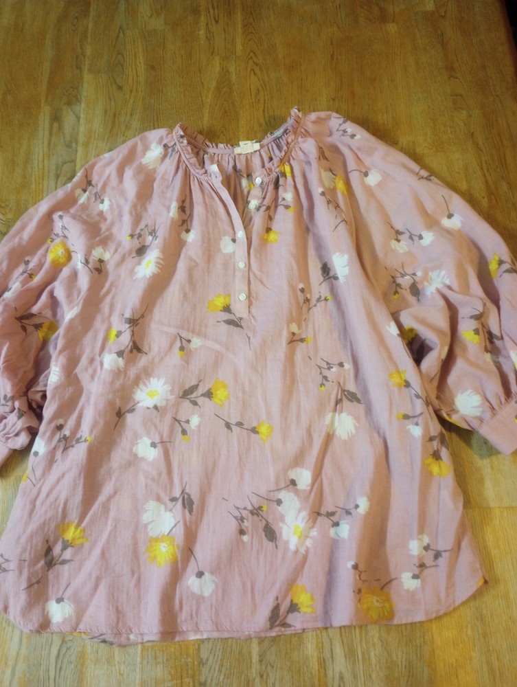Women's XL 100%Cotton Pink Floral Blouse 3/4 Puff Slv Peasant Cottage Core Whims