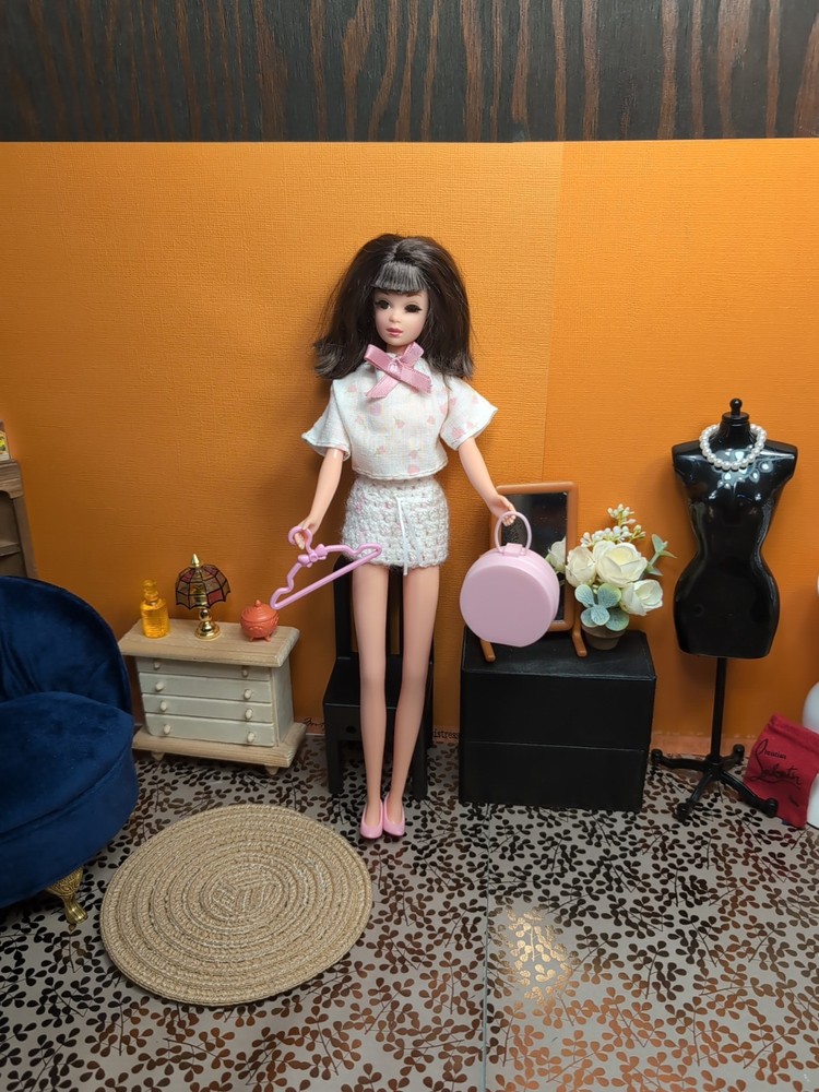 Vintage Barbie / Francie Clone Outfit - Skirt, Top, Purse, Shoes, Hanger