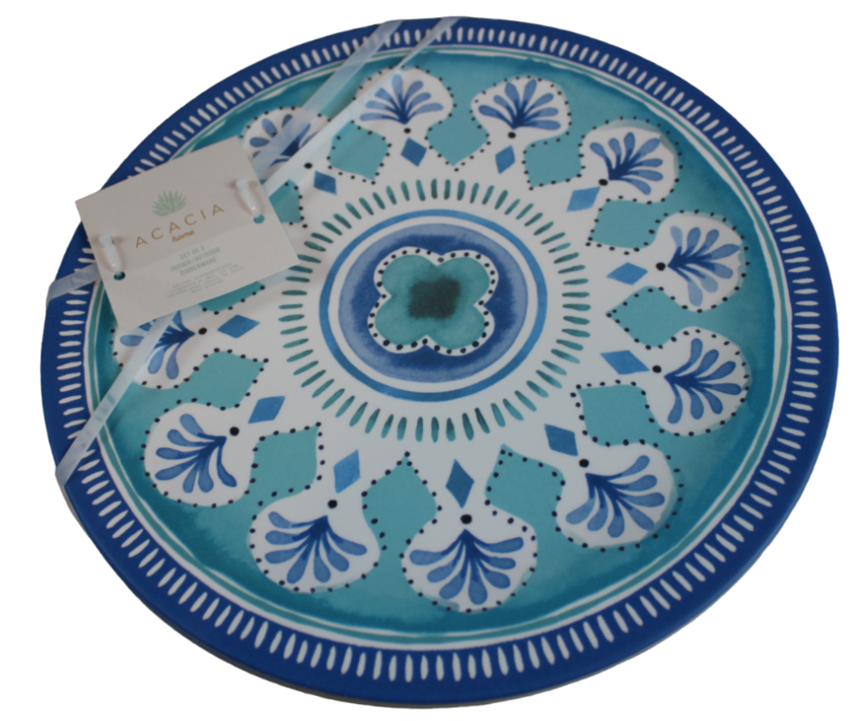 Acacia Home Melamine Dinner Plate Set of 4 Blue Teal Flower Design Summer NWT-image