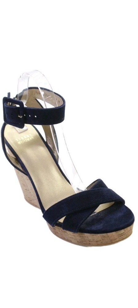 Stuart Weitzman Womens Suede Platform Ankle Strap Wedge Sandals Blue Size 9