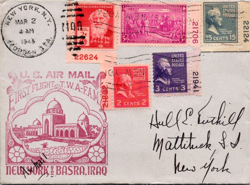 Dr Jim Stamps T.W.A. Air Mail First Flight New York Basrah Iraq 1948 Back Tear