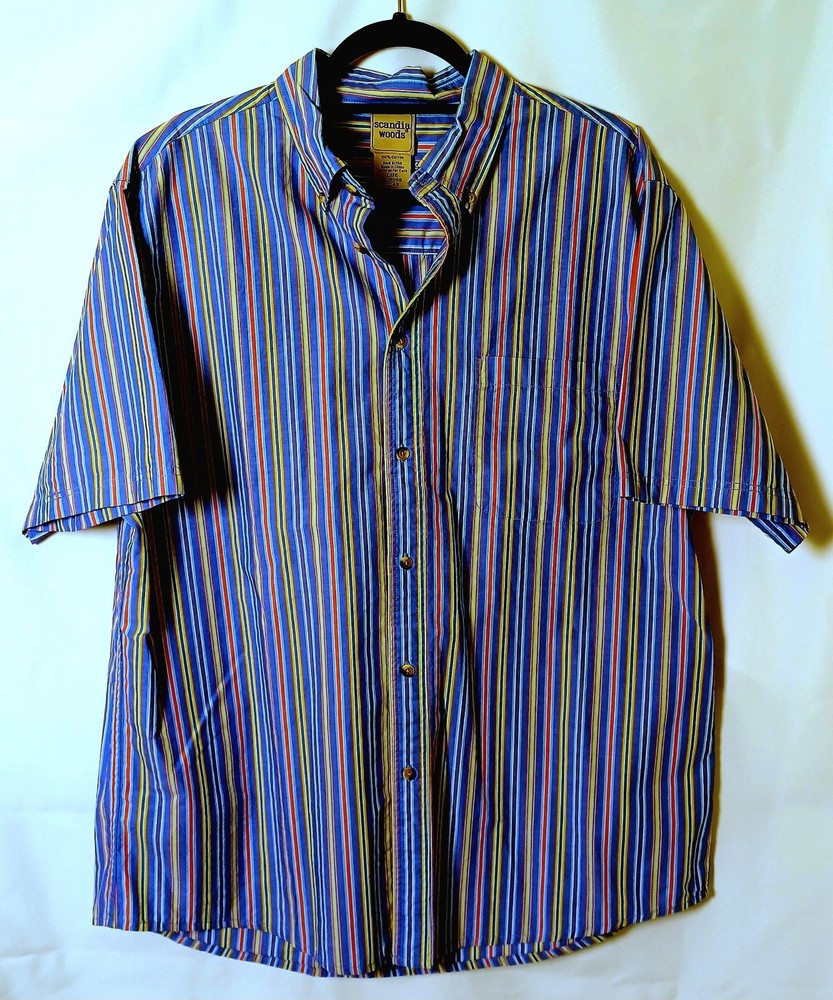 Scandia Woods Men's Size L Blue Short Sleeve Shirt Button Down Cotton Striped