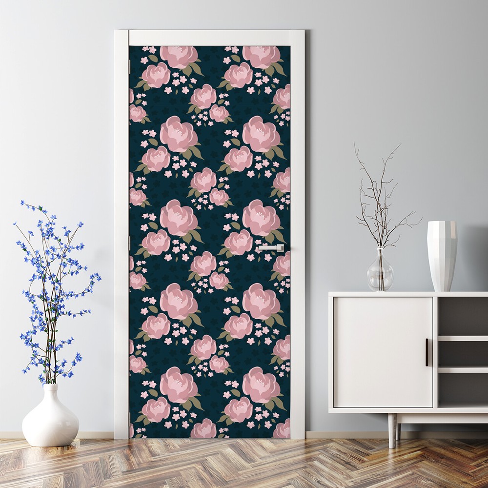 Pink flowers Bubble Free Door Decal Decor Reusable self adhesive wallpaper