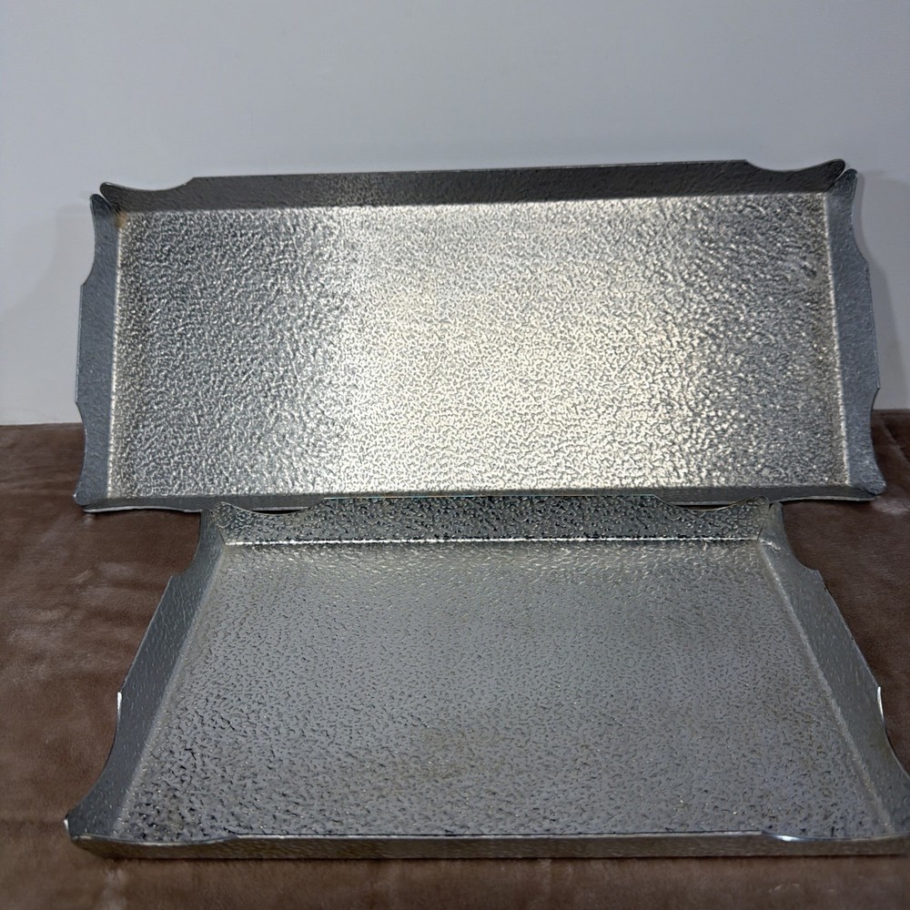 Set Of 2 Vintage Metal Serving Trays – – Rectangular Hammered Silver -