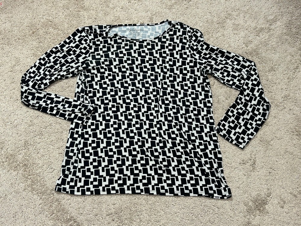 Chico's Womens Shirt Size 1 Multicolor Geometric Print Soft Classic Comfort