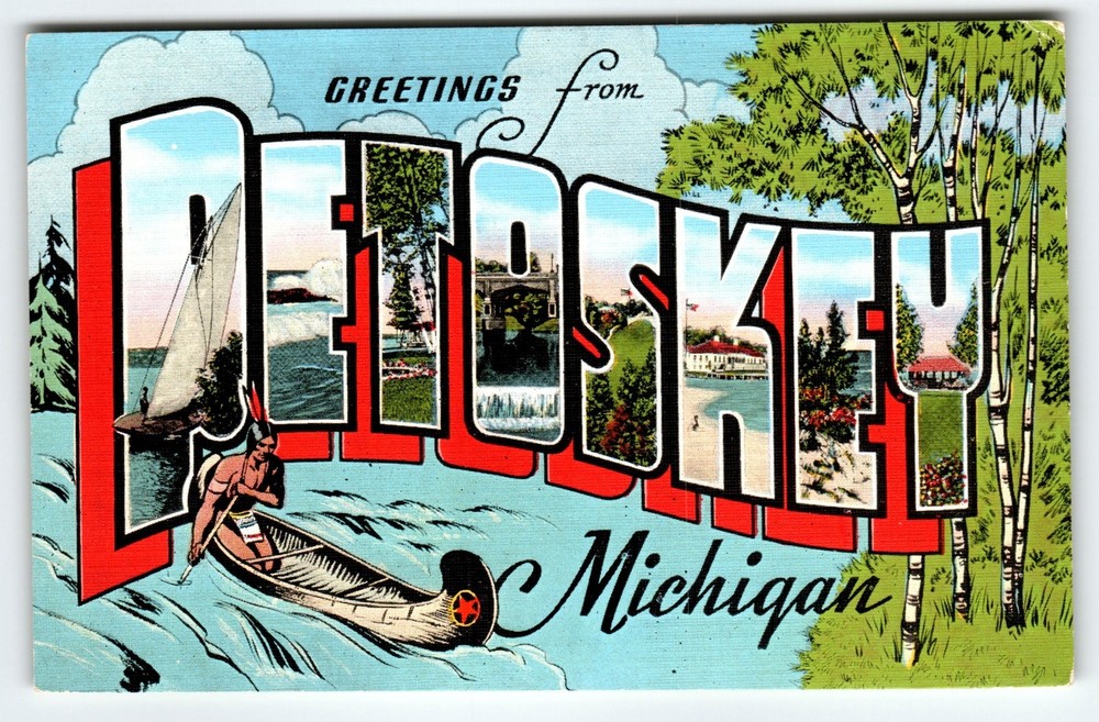 Greetings From Petoskey Michigan Large Letter Postcard Linen Unused Kropp