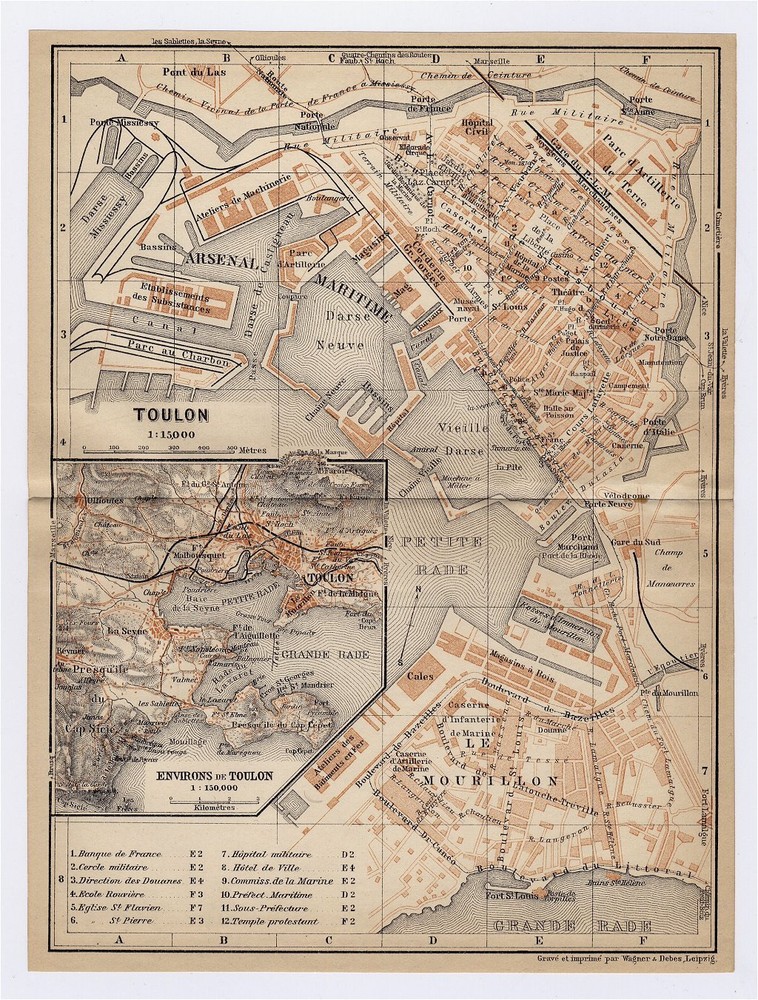 1914 Original Antique City Map Of Toulon / Provence-Alpes-Cote D'azur / France
