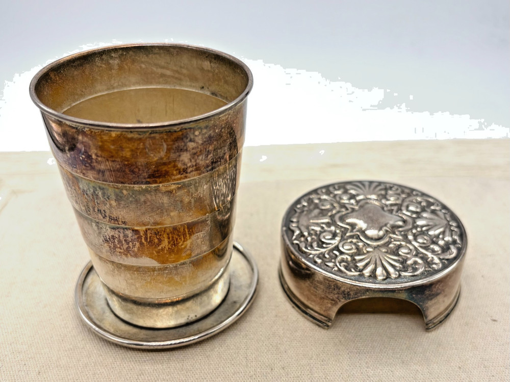 Antique Silver Plated Victorian Collapsible Travel Cup Patented Feb 23 1897