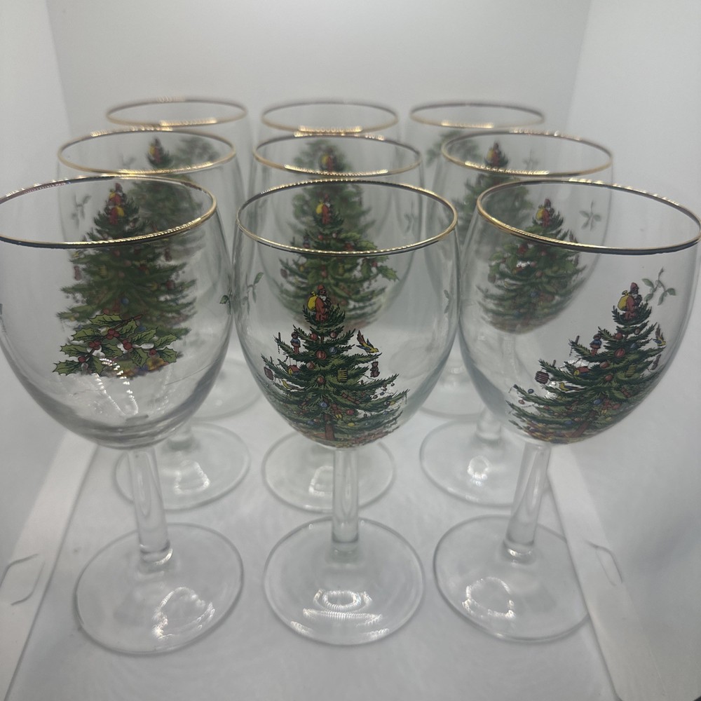 VTG Spode Christmas Tree Wine Glasses Stemmed Goblets w Gold Rim 13 oz Set Of 9