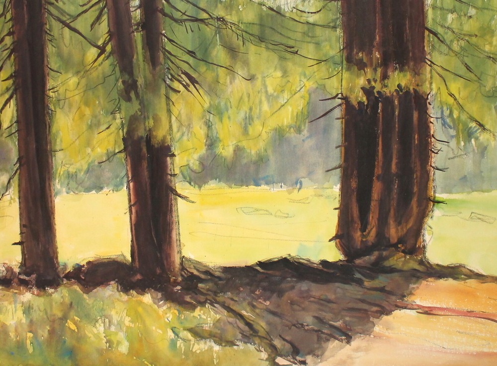 Vintage impressionist watercolor painting landscape trees