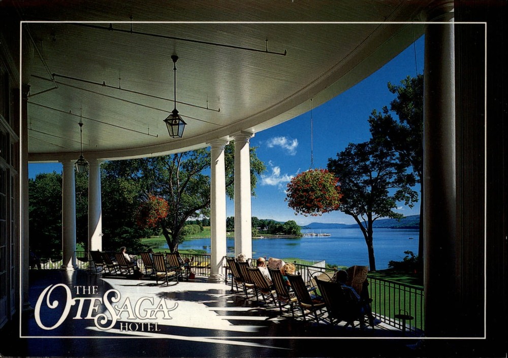 Otesaga Hotel Veranda Cooperstown New York rocking chairs ~ vintage postcard