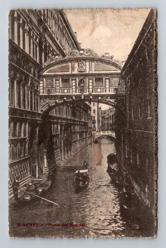 Italy- Venice Bridge Of Sighs Gondola Along The Canal Old Post Vintage Postcard