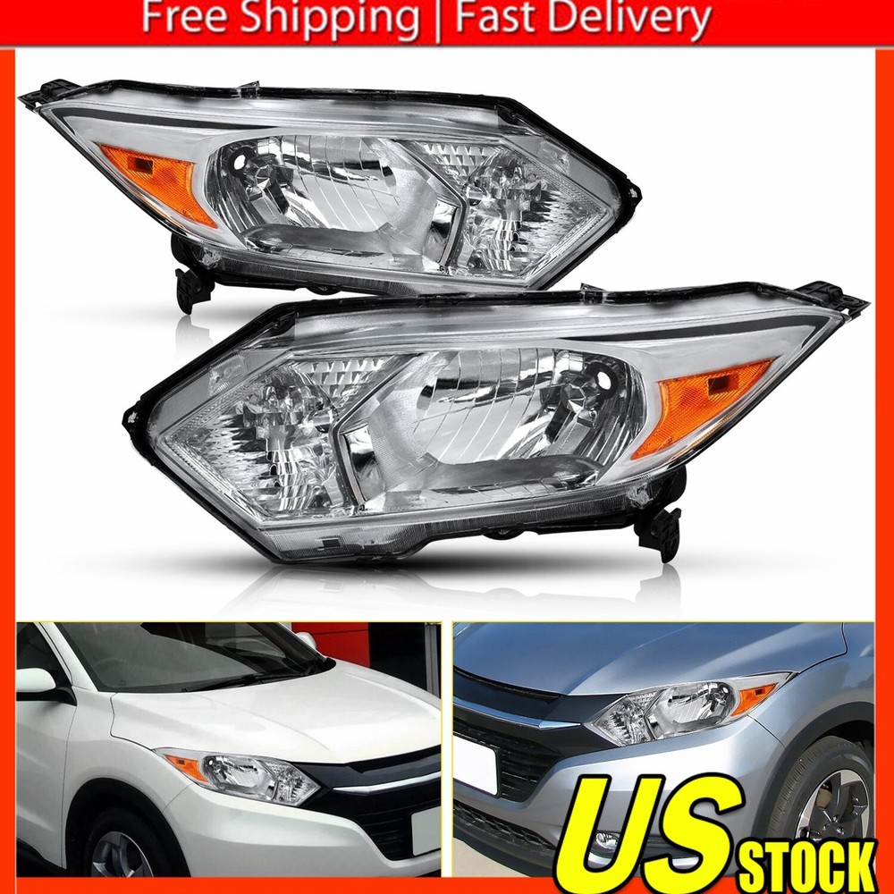 Chrome Amber Headlights Assembly Set Fits for 2016-2018 Honda HR-V Left + Right